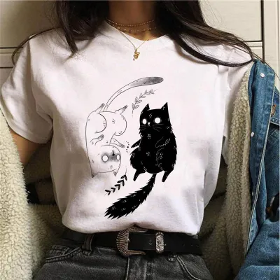 Halloween Women's Basic Short Sleeve Cat Mushroom Print Crew Neck T-Shirt