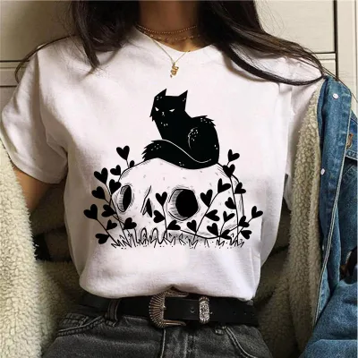 Halloween Women's Basic Short Sleeve Cat Mushroom Print Crew Neck T-Shirt