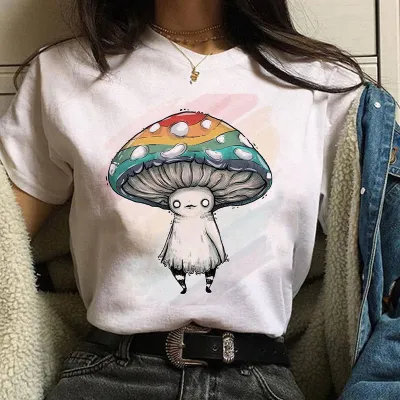 Halloween Women's Basic Short Sleeve Cat Mushroom Print Crew Neck T-Shirt