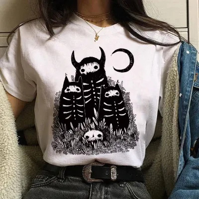 Halloween Women's Basic Short Sleeve Cat Mushroom Print Crew Neck T-Shirt