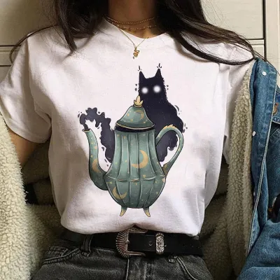 Halloween Women's Basic Short Sleeve Cat Mushroom Print Crew Neck T-Shirt