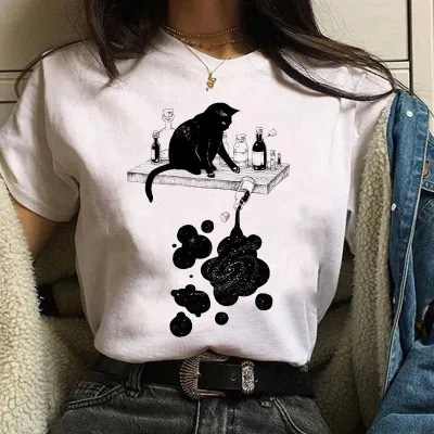 Halloween Women's Basic Short Sleeve Cat Mushroom Print Crew Neck T-Shirt