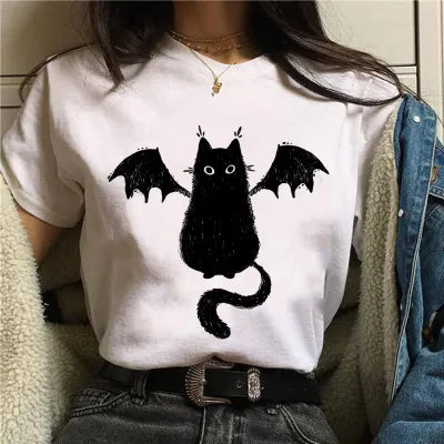 Halloween Women's Basic Short Sleeve Cat Mushroom Print Crew Neck T-Shirt