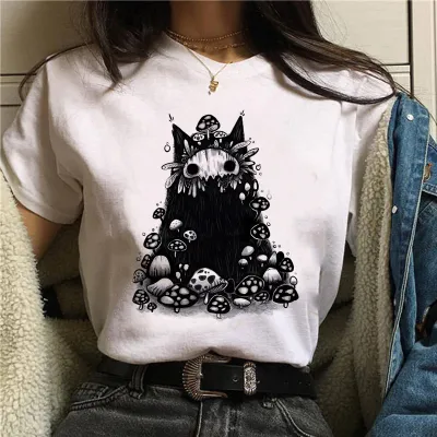 Halloween Women's Basic Short Sleeve Cat Mushroom Print Crew Neck T-Shirt