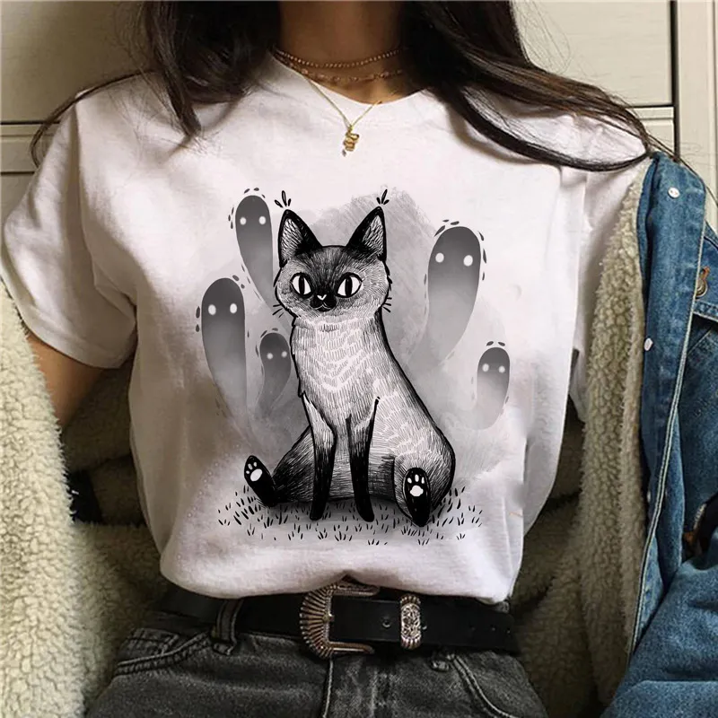 Halloween Women's Basic Short Sleeve Cat Mushroom Print Crew Neck T-Shirt