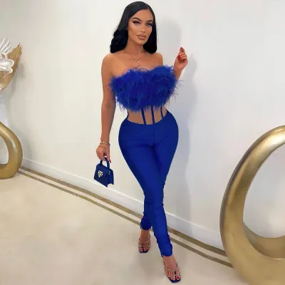 Women Solid Color Plush Tube Top Slim Fit Jumpsuit