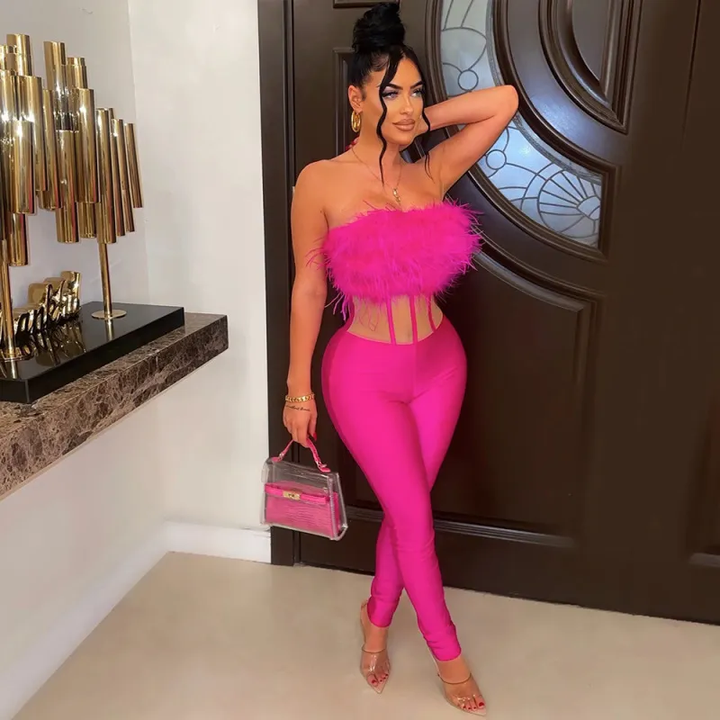 Women Solid Color Plush Tube Top Slim Fit Jumpsuit