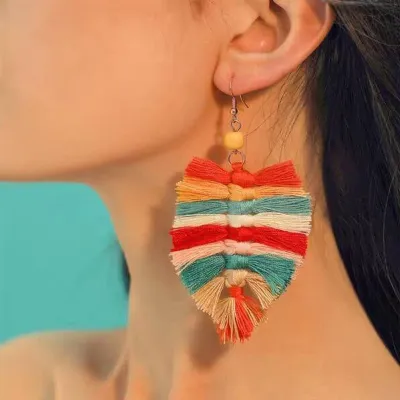 Women Handmade Boho Scalloped Tassel Braided Earrings