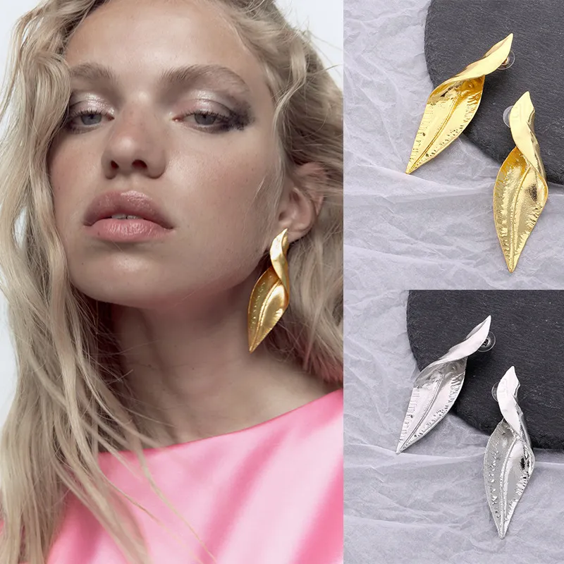Exaggerated Plated Metal Leaf Earrings
