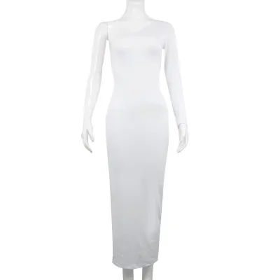 Women Solid Color One Shoulder Long Sleeve Cutout Slim Midi Dress