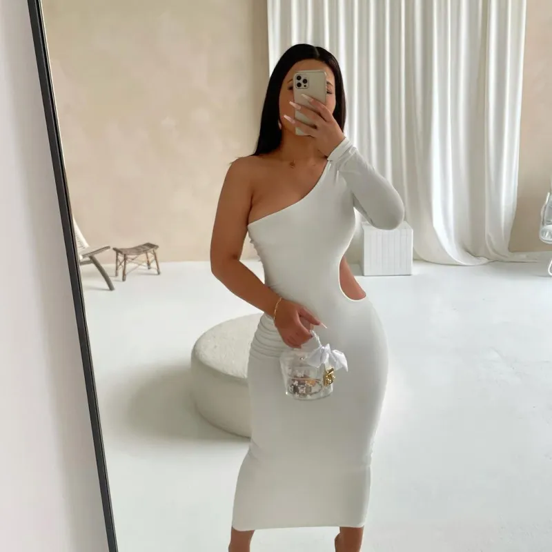Women Solid Color One Shoulder Long Sleeve Cutout Slim Midi Dress