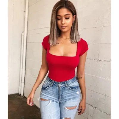 Women Square Neck Short Sleeve Slim Fit Bodysuit