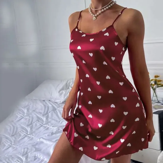 Women Heart Print Satin Slip Dress Pajamas