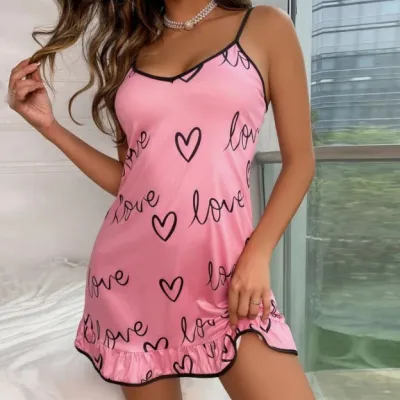 Women Heart Printed Sling Ruffle Sleepwear Dress