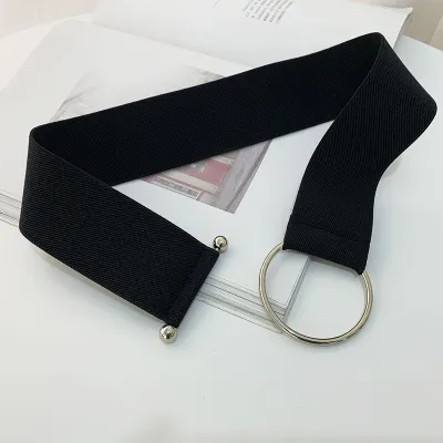 Women Simple Solid Color Elastic Round Buckle Webbing Belt - 63cm