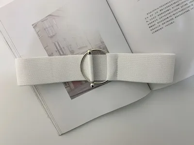 Women Simple Solid Color Elastic Round Buckle Webbing Belt - 63cm