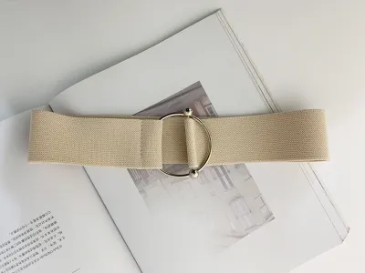 Women Simple Solid Color Elastic Round Buckle Webbing Belt - 63cm