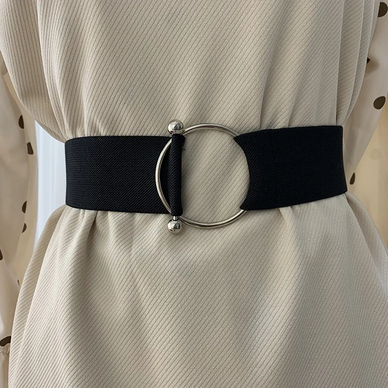 Women Simple Solid Color Elastic Round Buckle Webbing Belt - 63cm