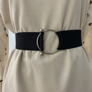 Women Simple Solid Color Elastic Round Buckle Webbing Belt - 63cm