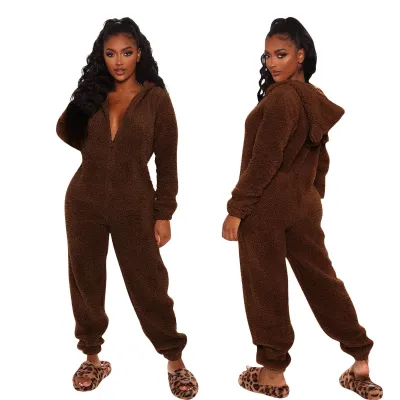 Women's Long Sleeve Hooded Plush Jumpsuit Pajamas