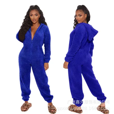 Women's Long Sleeve Hooded Plush Jumpsuit Pajamas