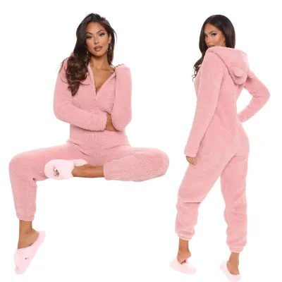 Women's Long Sleeve Hooded Plush Jumpsuit Pajamas