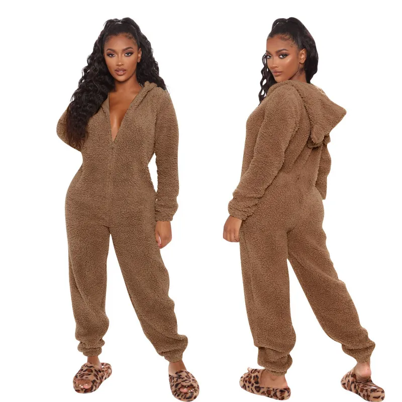 Women's Long Sleeve Hooded Plush Jumpsuit Pajamas