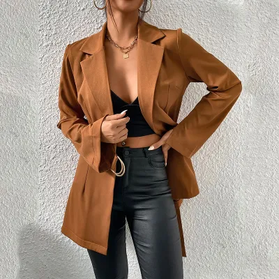 Women Solid Color Lapel Long Sleeve Ring Small Blazer
