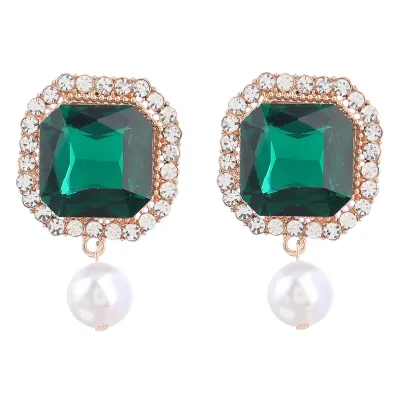 Wholesale Women Fashion Square Alloy Rhinestone Pearl Earrings