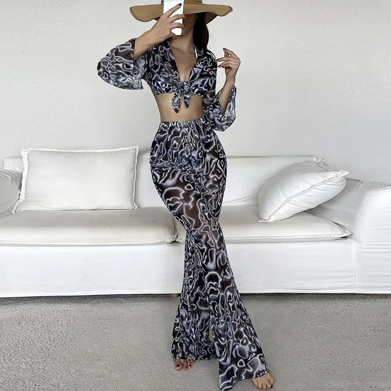 Women Summer Vacation 4Pcs/Set Spiral Print Mesh Swimwear