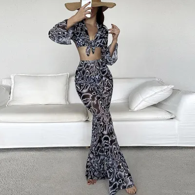 Women Summer Vacation 4Pcs/Set Spiral Print Mesh Swimwear