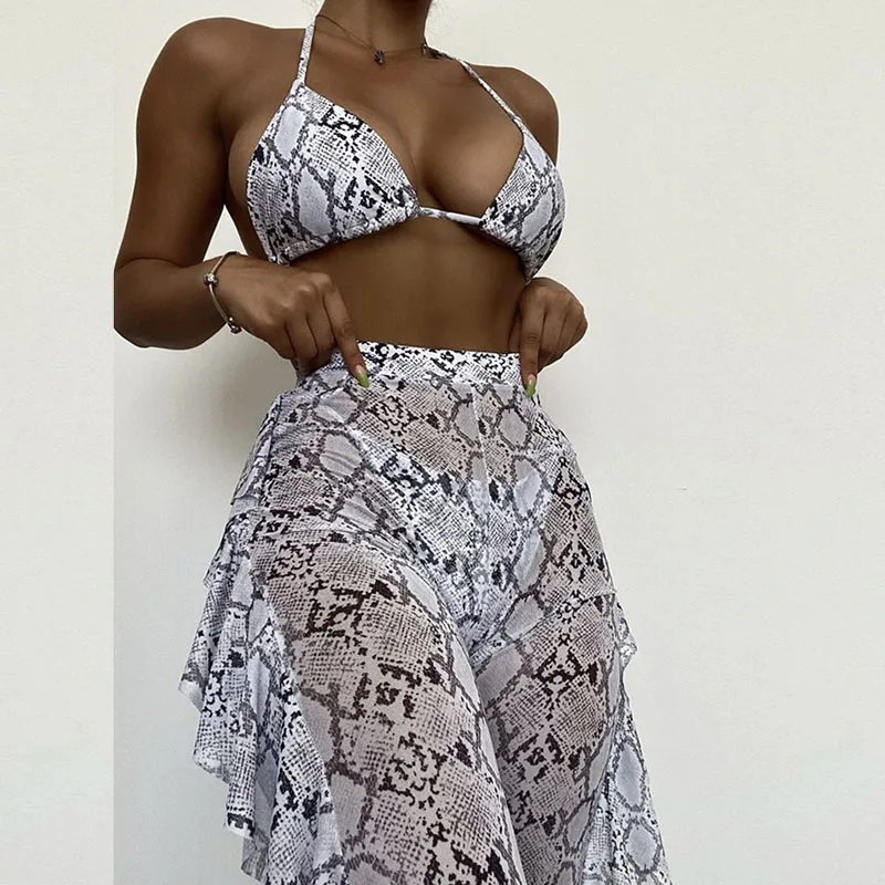 Women Vacation 3Pcs/Set Snake-Print Mesh Smocked Cover-up Pants Bikini Swimsuit