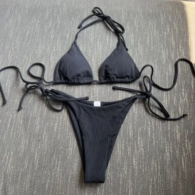Women Sexy Solid Color Basic Halter Neck Bikini Swimsuit