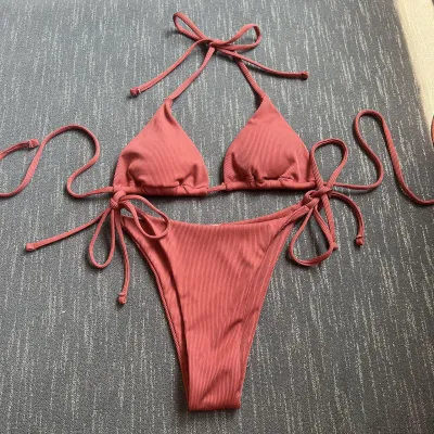 Women Sexy Solid Color Basic Halter Neck Bikini Swimsuit