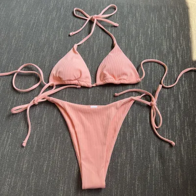 Women Sexy Solid Color Basic Halter Neck Bikini Swimsuit