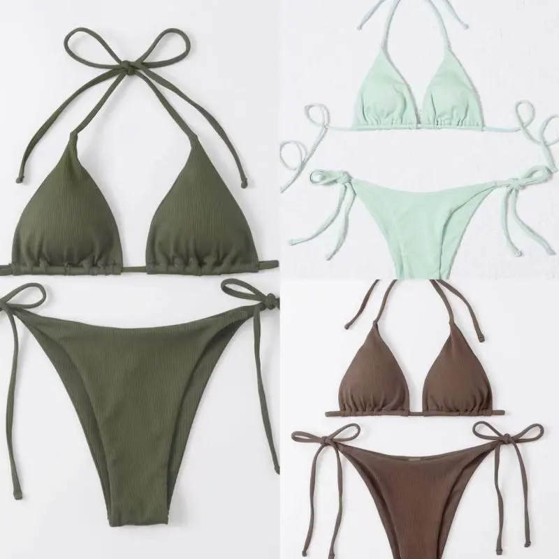 Women Sexy Solid Color Basic Halter Neck Bikini Swimsuit