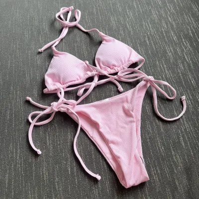 Women Sexy Solid Color Basic Halter Neck Bikini Swimsuit