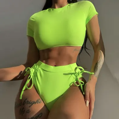 Women Neon Color Drawstring High Waist Short Sleeve Tankini Swimwear