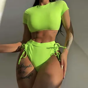 Women Neon Color Drawstring High Waist Short Sleeve Tankini Swimwear