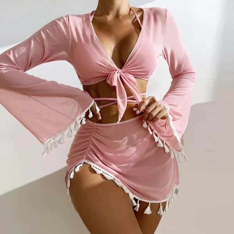 Women Sweet Pink 4Pcs Vacation Boho Tassel Swimsuit Bikini Coverup Set