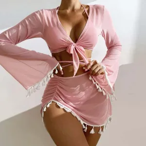 Women Sweet Pink 4Pcs Vacation Boho Tassel Swimsuit Bikini Coverup Set
