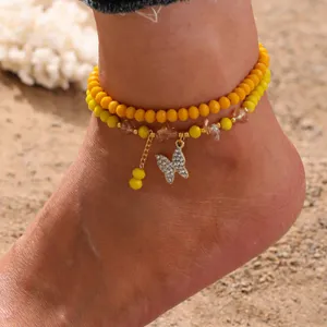 Wholesale Women Fashion Rhinestone Butterfly Beaded Anklet Set Beach Style