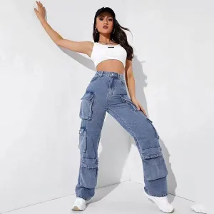 Women Casual Multi-Pocket Cargo Jeans Pants High Waist Loose Fit Street Hipster