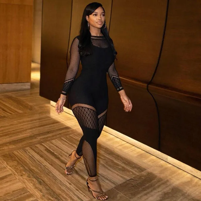 Women Solid Color Mesh Cutout Long Sleeve Crew Neck Slim Jumpsuit