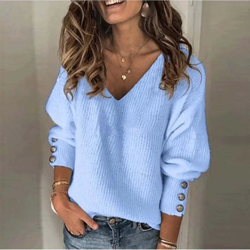 Autumn Winter Women V-Neck Loose Knitted Pullover Sweater