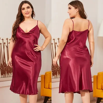 Plus Size Women Satin Spaghetti Strap Sleep Dress