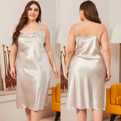 Plus Size Women Satin Spaghetti Strap Sleep Dress
