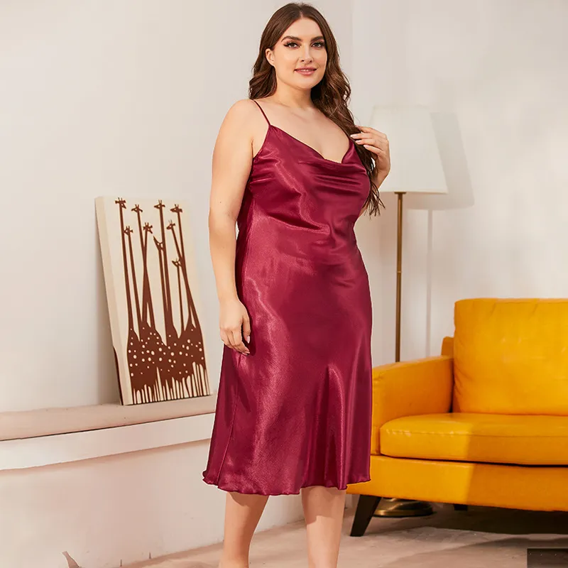 Plus Size Women Satin Spaghetti Strap Sleep Dress