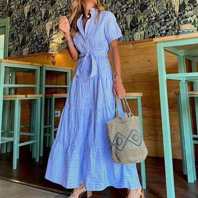 Casual Women Classic Stripe Short Sleeve Sash Lapel Maxi Dress