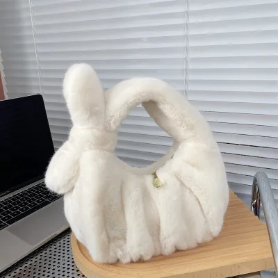 Women's Fashion Solid Color Bow Crinkled Plush Cloud Shell Handbag